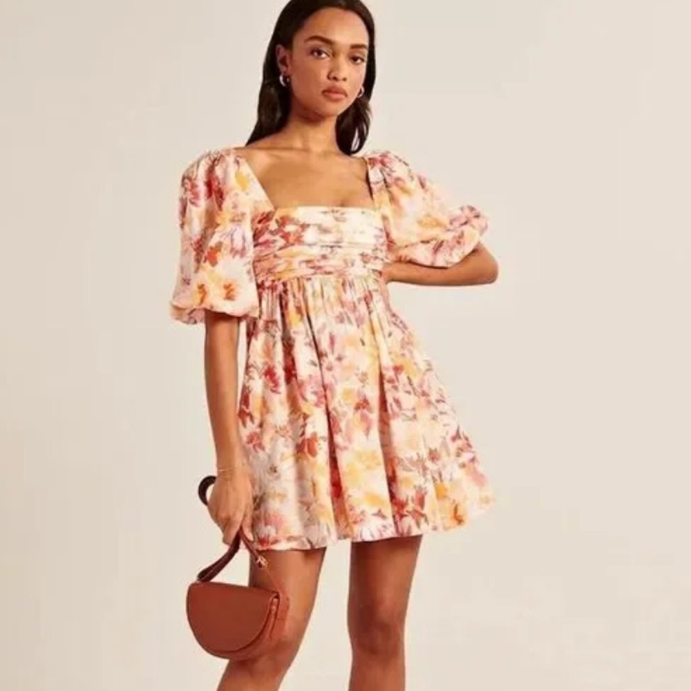 Abercrombie & Fitch‎ Orange Pink Printed Poplin Puff Sleeve Emerson Mini Dress